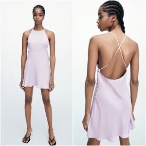 NWT Zara Mini Slip Dress Small Purple Lilac Silky Strappy Halter Open Back